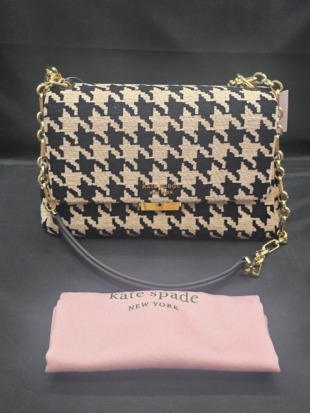 Kate Spade Carlyle Houndstooth Chenille Shoulder Bag K5446 Black White